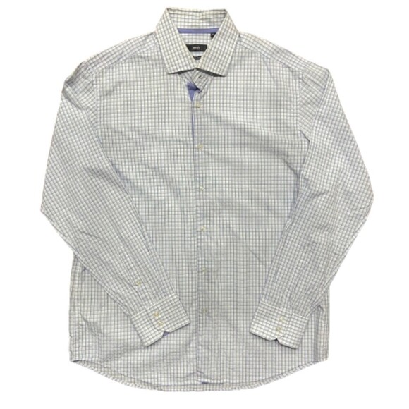 Hugo Boss Checkered Regular White Blue Dress Shirt Button Down Men's 17.5 Large - Picture 1 of 8